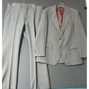 VTG 70s Hardwick Clothes Suit Gray Polyester 2PC Patch Pocket 42 Pants 40 X 30